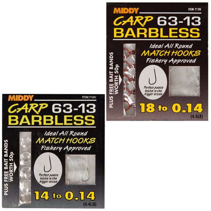 Middy 63-13 Carp Match Barbless Hooks To Nylon