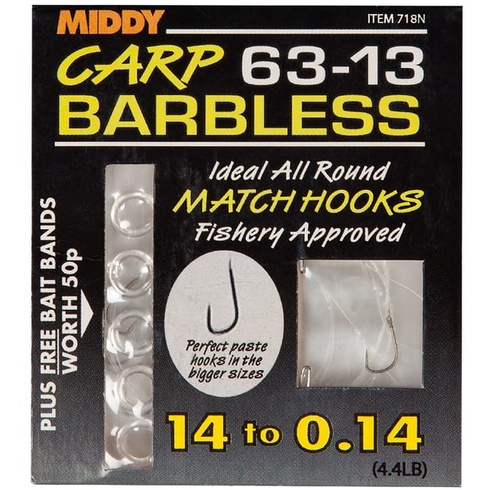 Middy 63-13 Carp Match Barbless Hooks To Nylon 14 to 4.4lb