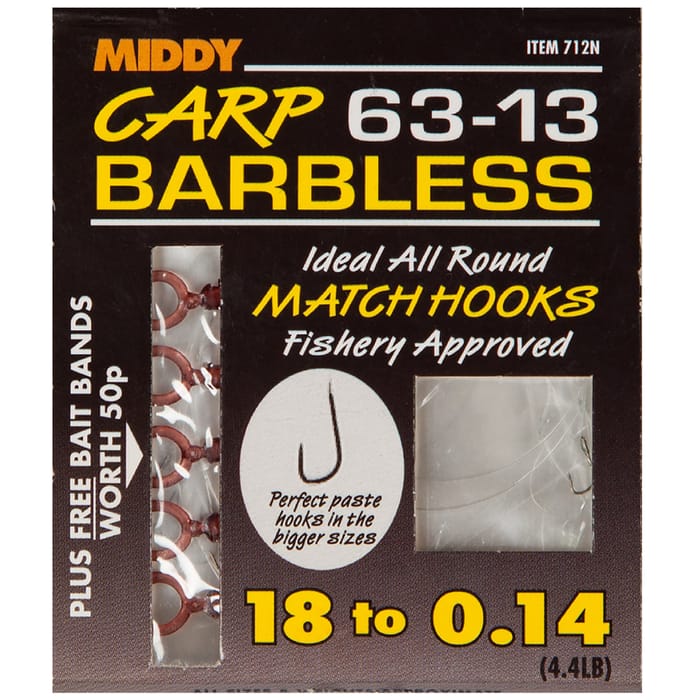 Middy 63-13 Carp Match Barbless Hooks To Nylon 18 to 4.4lb