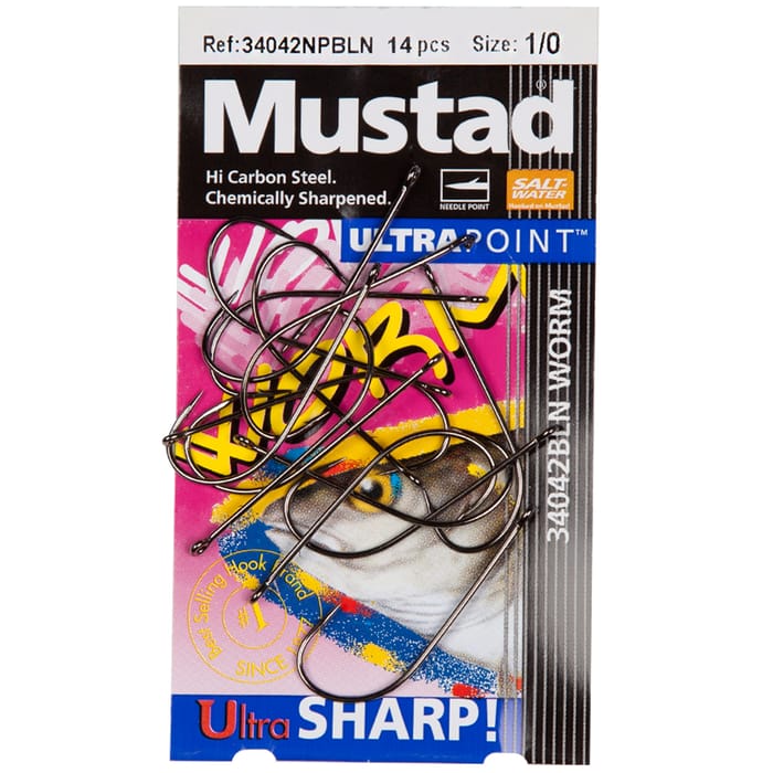 Mustad 34042BLN Power Worm Hooks Size 1/0