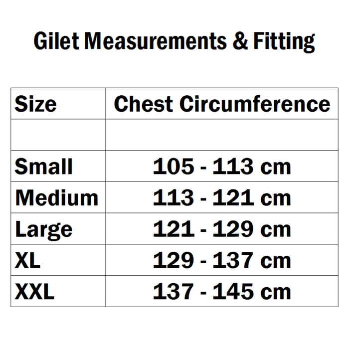 Aqua Products High Neck Hooded Gilet Size Guide