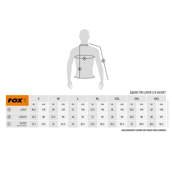 Fox Aquos Tri Layer 3/4 Fishing Jacket Dimensions
