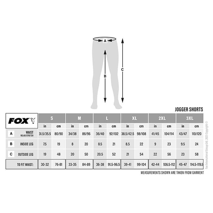 Fox Lightweight Camo Jogger Shorts Size Guide