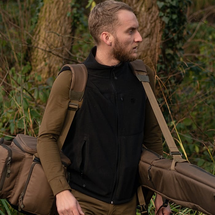 Korda Black Le Fishing Fleece Gilet In Use 1