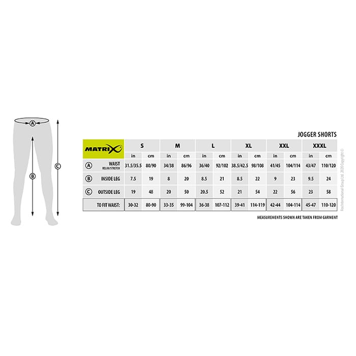 Matrix Black Edition Fishing Jogger Shorts Size Guide
