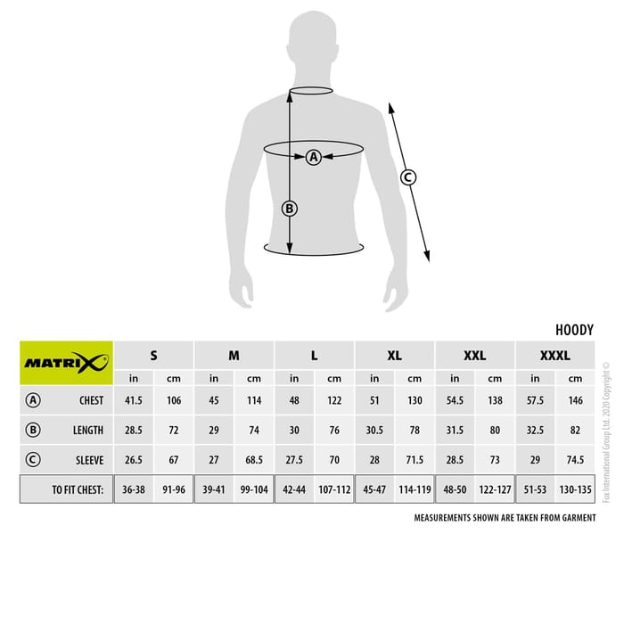Matrix All Weather Fishing Hoodie Size Guide