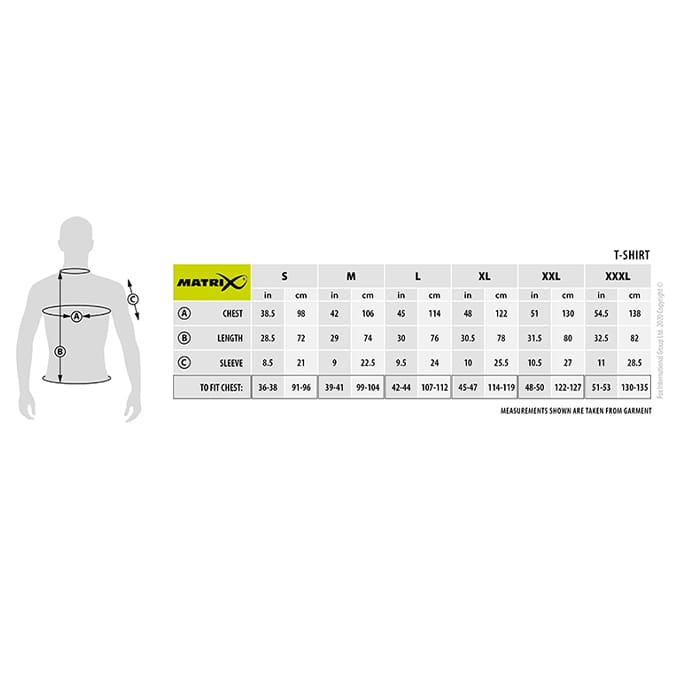 Matrix Large Logo Fishing T-Shirt In Use Size Guide
