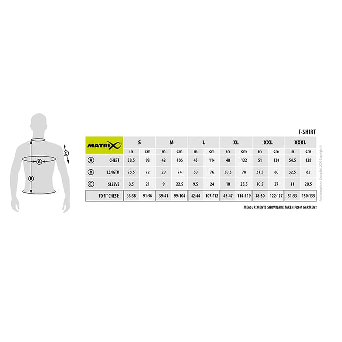 Matrix Large Logo Marl Grey / Lime Fishing T-Shirt Size Guide