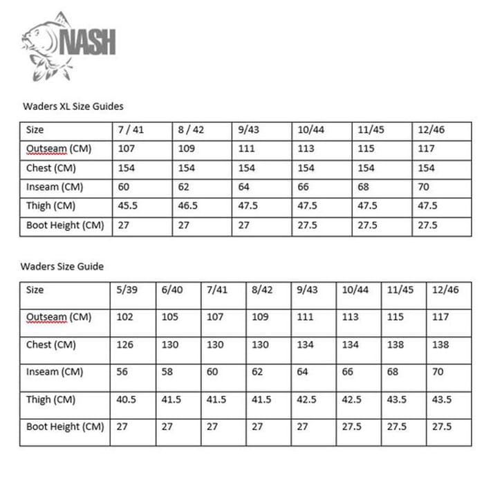 Nash Zero Tolerance Heavy Duty Camo Waders Size Guide