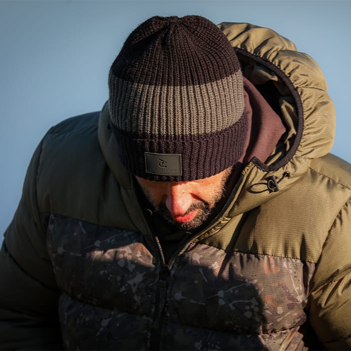 OMC Big Head Black Stripe Fishing Beanie In Use