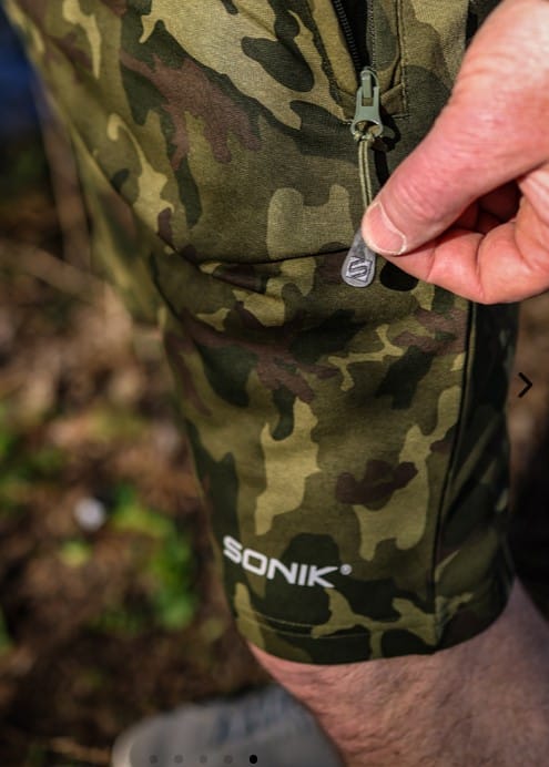 Sonik Camo Fleece Fishing Shorts Close Up Zip