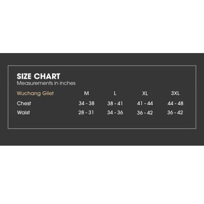 OMC Wuchang Puffer Fishing Gilet Size Chart