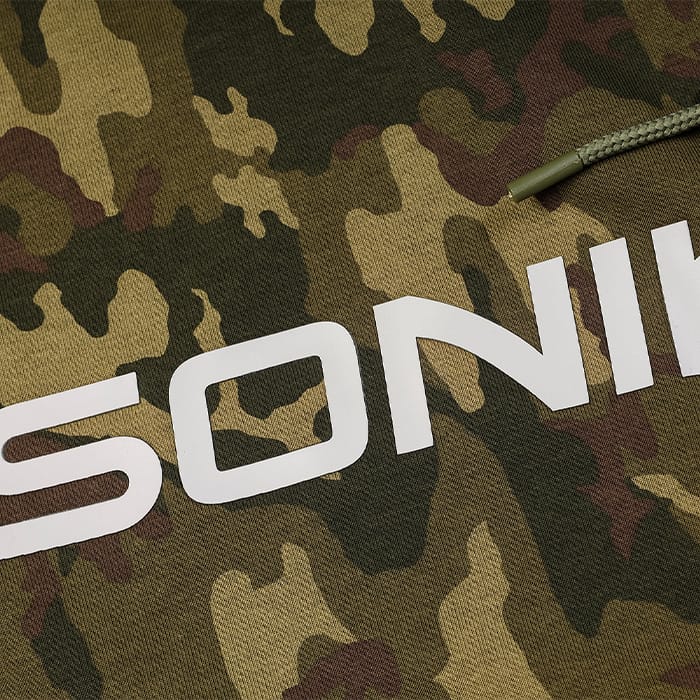 Sonik Camo Fishing Hoodie Close Up Branding