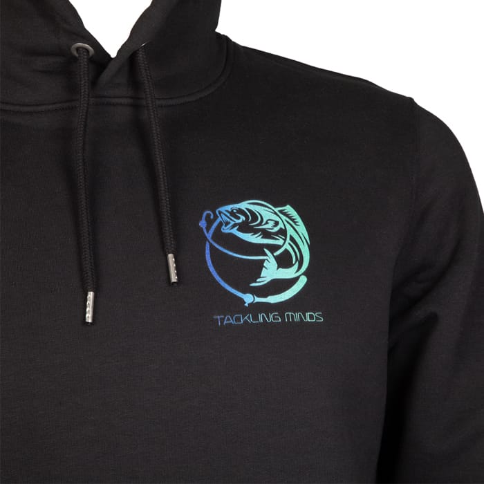 Tackling Minds Ultra Premium Black Fishing Hoodie Close Up Front Logo