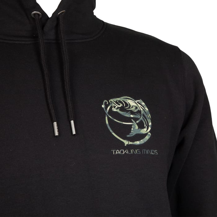 Tackling Minds Ultra Premium Black DPM Camo Fishing Hoodie Front Logo Close Up