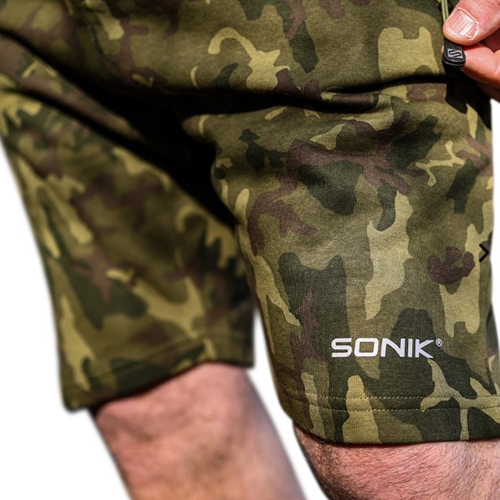 Sonik Camo Fleece Fishing Shorts In Use 1