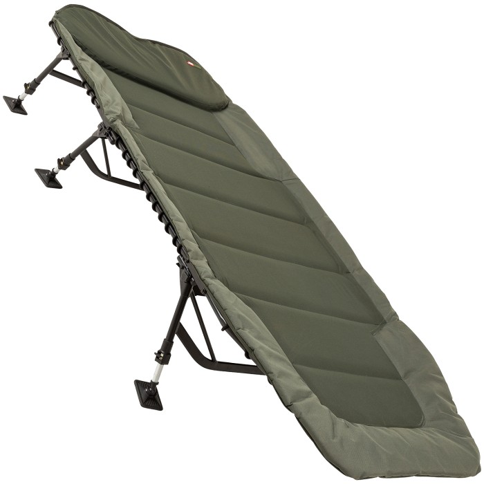 Angled shot of the JRC Defender Levelbed Wide Bedchair set up