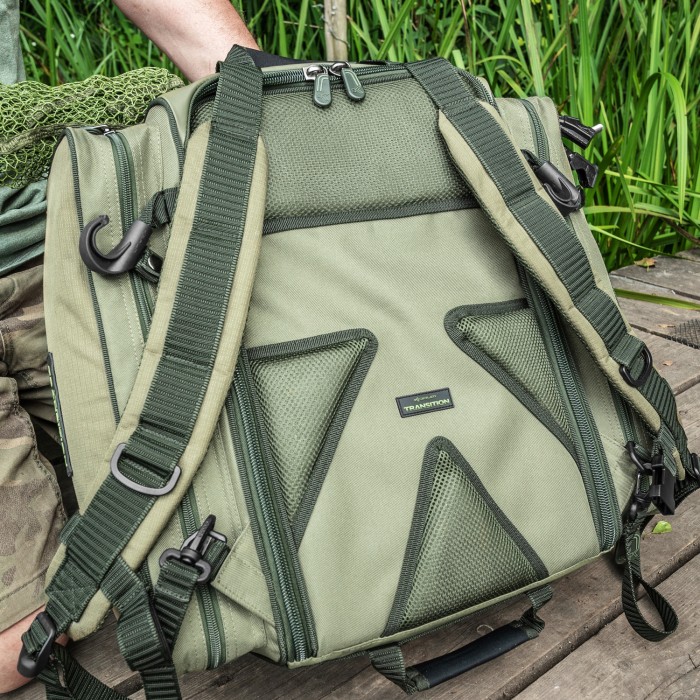 Korum Transition Fishing Ruckbag In Use straps