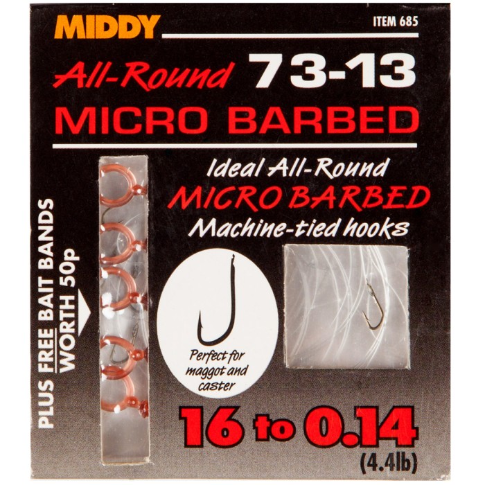 Middy 73-13 All-Round Micro Barbed Hooks To Nylon 16