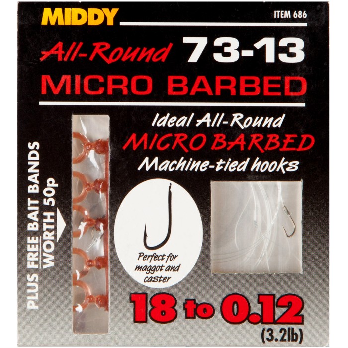 Middy 73-13 All-Round Micro Barbed Hooks To Nylon 18