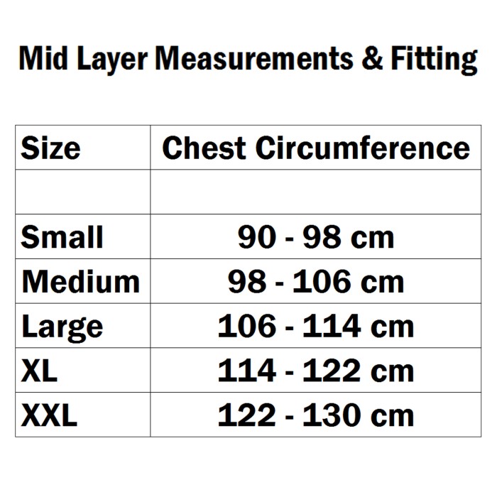 Aqua Products F N Charcoal Mid Layer Size Guide