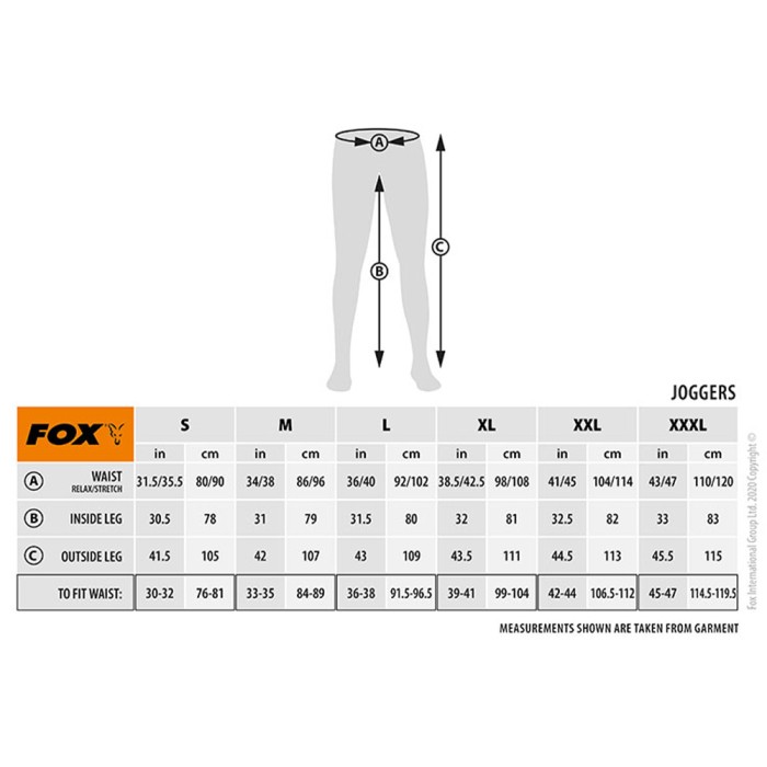 Fox Black & Camo Print Fishing Jogger Size Guide