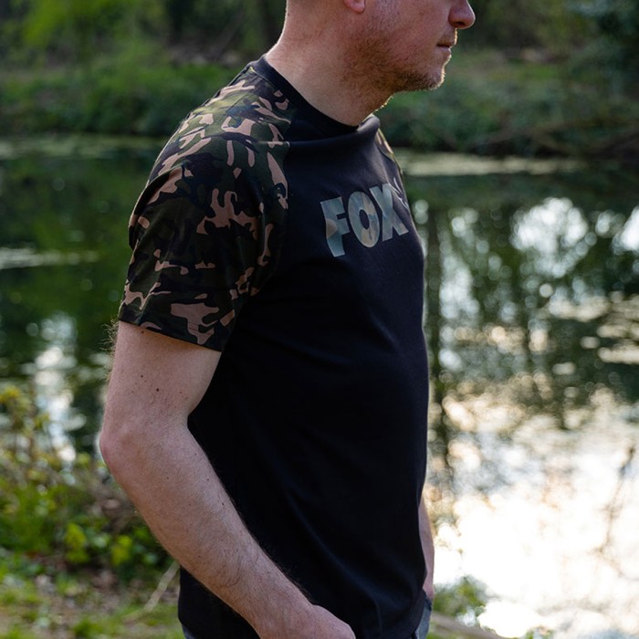 Fox Black / Camo Raglan Fishing T-Shirt In Use 2