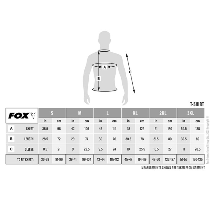 Fox Camo Logo Black T-Shirt Size Guide