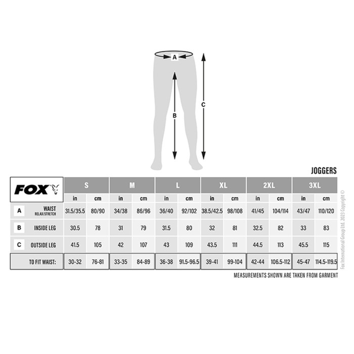 Fox Camo Logo Lightweight Black Combat Joggers Size Guide