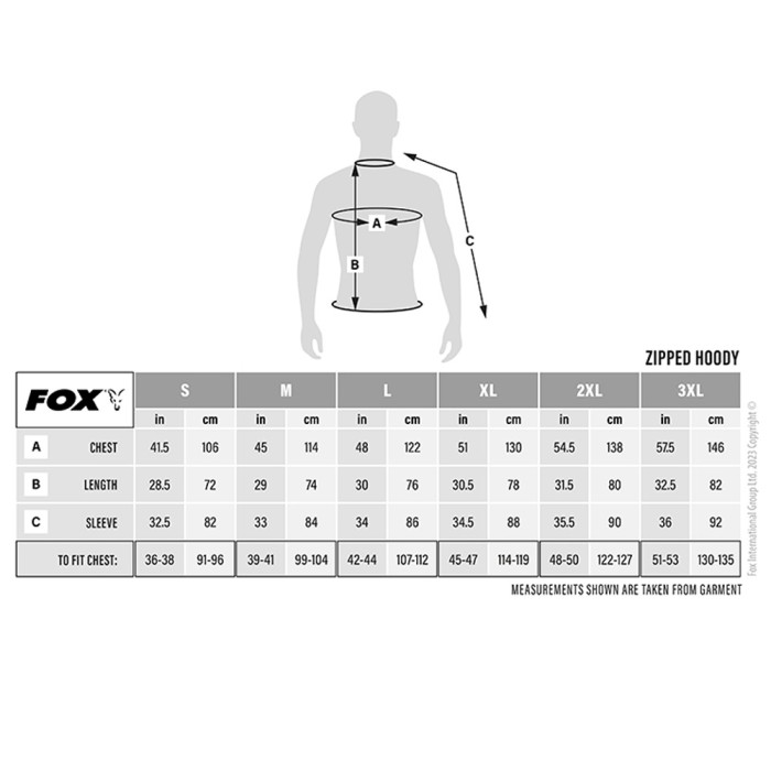 Fox Camo Logo Lightweight Split Zip Hoodie Size Guide