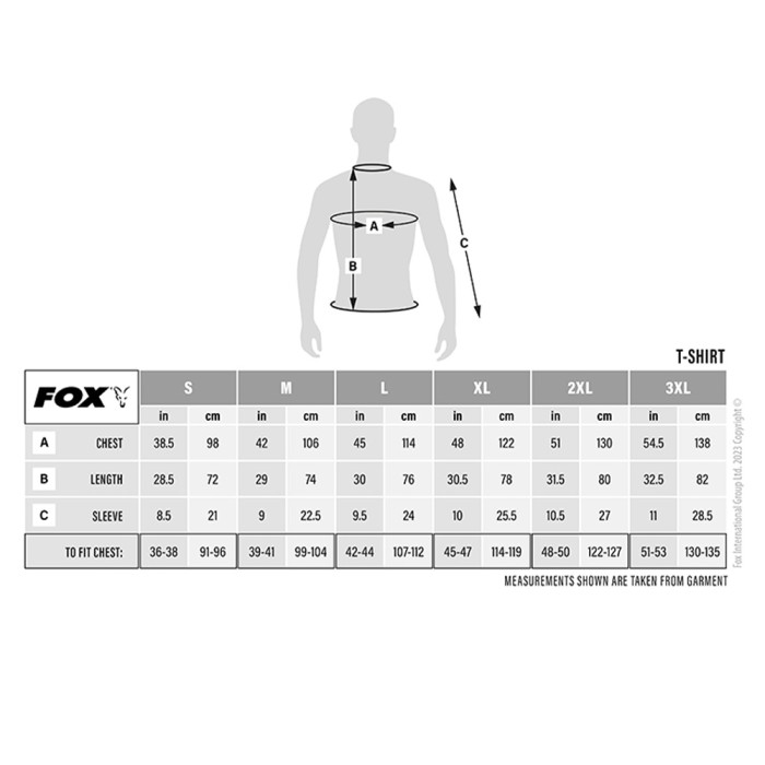 Fox Camo Logo Outline Black T-Shirt Size Guide