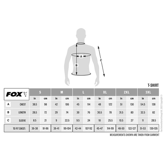Fox Camo Logo Outline Khaki T-Shirt Size Guide