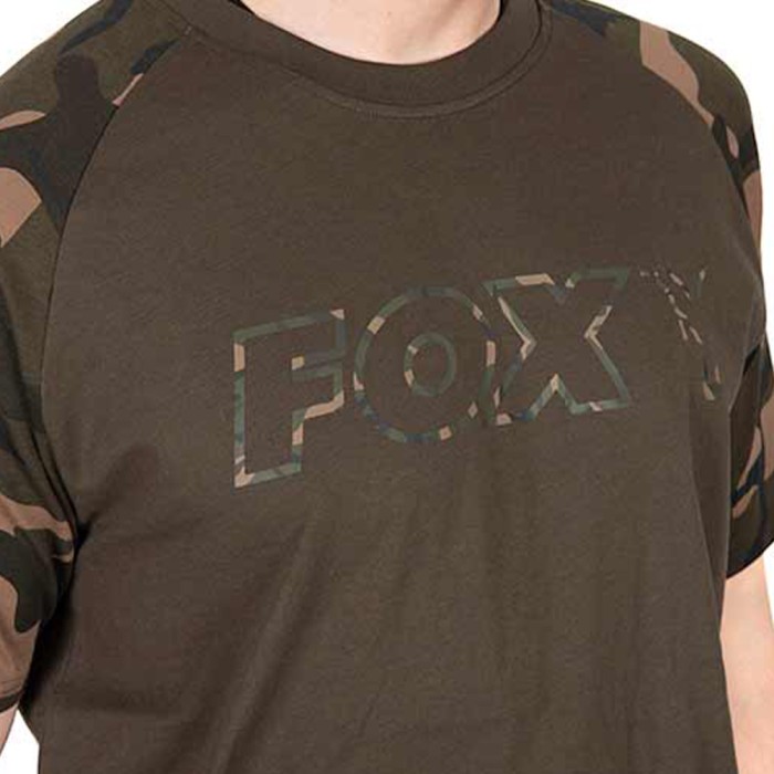 Fox Camo Logo Outline Khaki T-Shirt Close Up 2