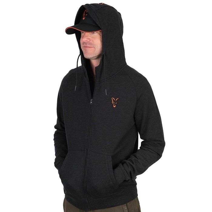 Fox Collection Black & Orange Lightweight Fishing Hoodie Hood Up