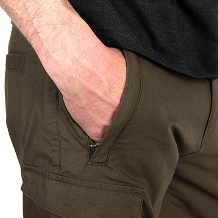 Fox Collection Green & Black Lightweight Cargo Fishing Shorts Close Up 1