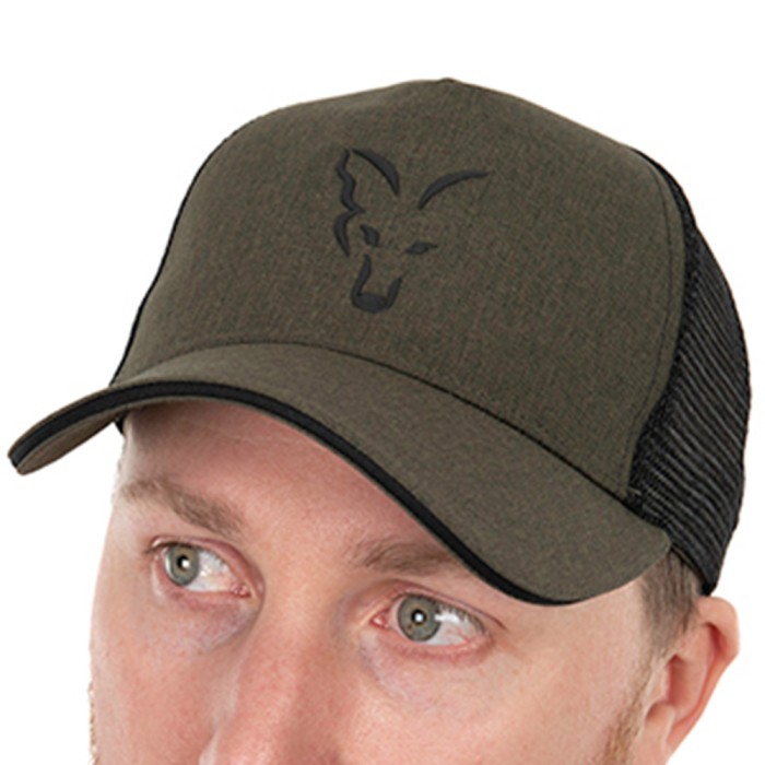 Fox Collection Green & Black Trucker Fishing Cap Close Up 1
