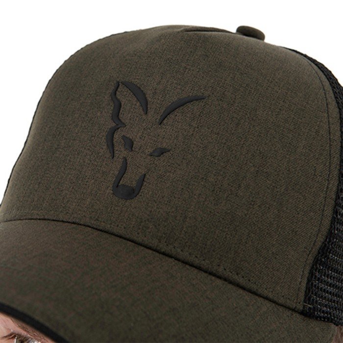 Fox Collection Green & Black Trucker Fishing Cap Close Up 2