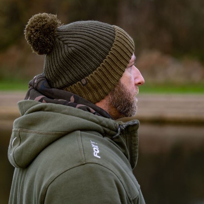 Fox Heavy Knit Olive Bobble Fishing Hat In Use 1