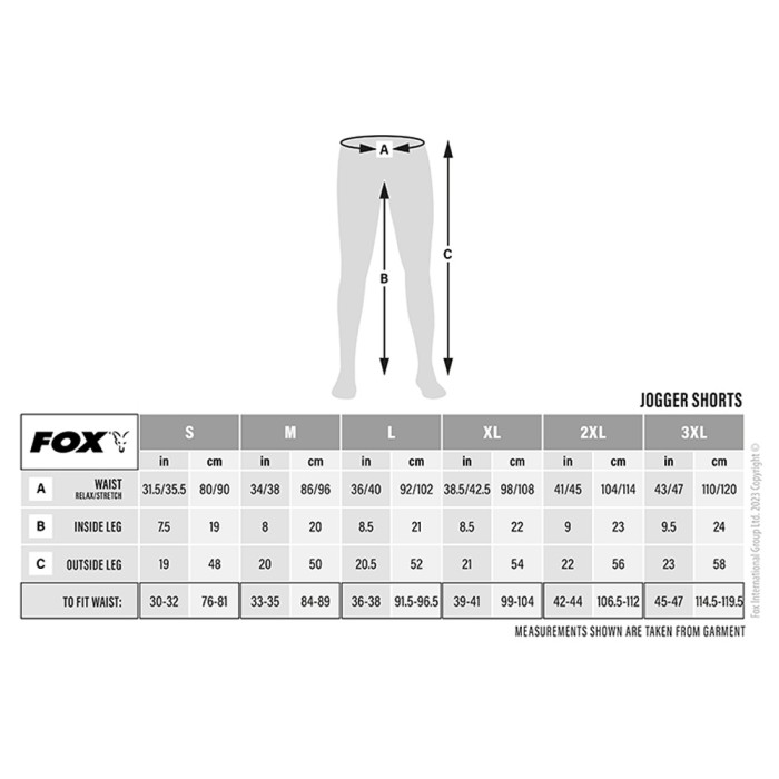 Fox Lightweight Camo Jogger Shorts Size Guide
