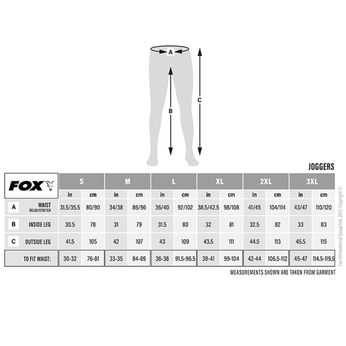 Fox Lightweight Camo Joggers Size Guide