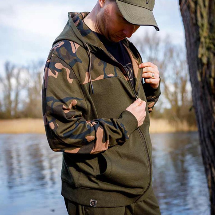 Fox Lightweight Khaki & Camo Split Zip Hoodie In Use 5