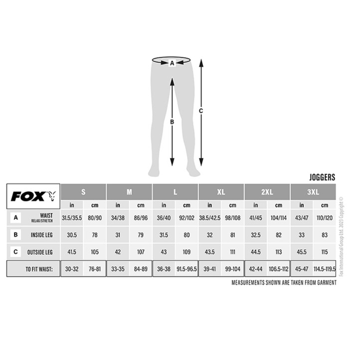 Fox Lightweight Khaki Joggers Size Guide