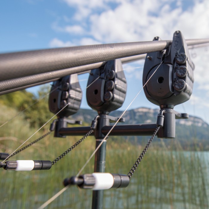 Fox RX+ 3 Rod Presentation Set Alarms in use with Fox Black Label Buzz Bar