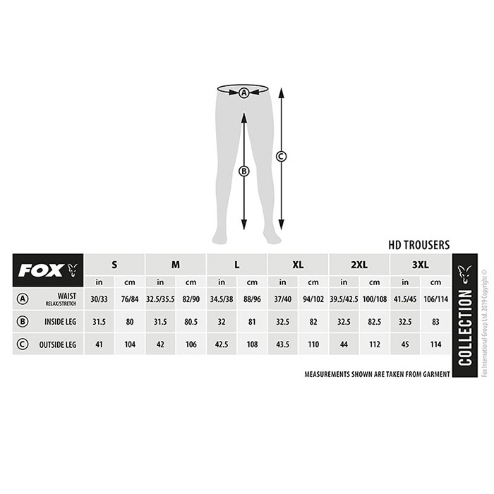 Fox Collection HD Green Fishing Trousers Size Guide