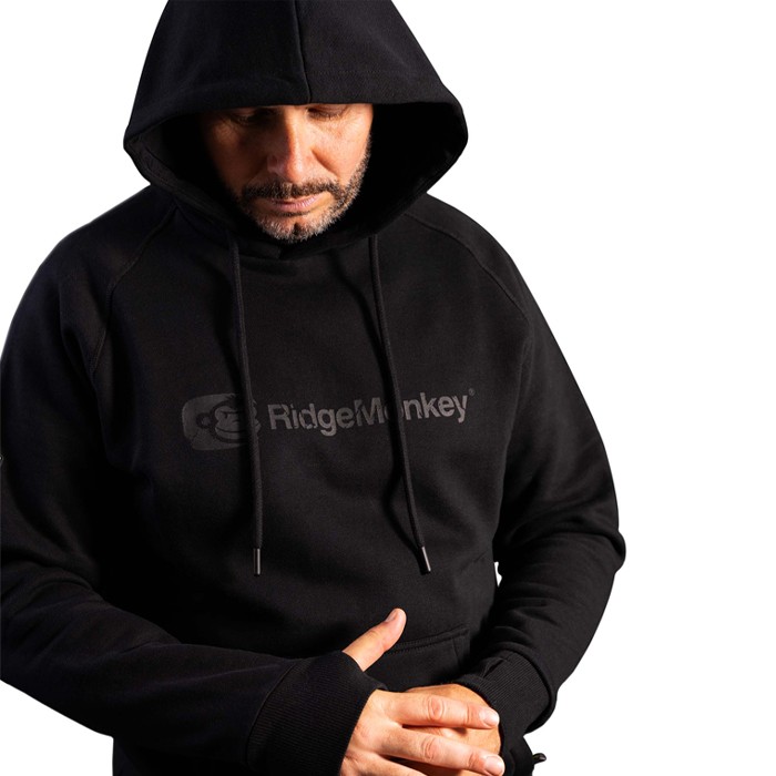 RidgeMonkey APEarel Dropback Heavyweight Fishing Hoodie Black Hood In Use