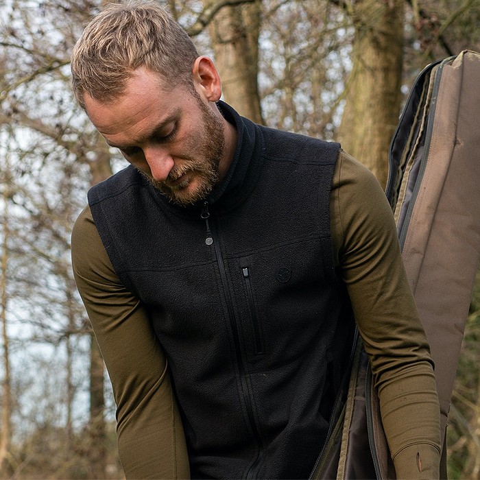 Korda Black Le Fishing Fleece Gilet In Use 2