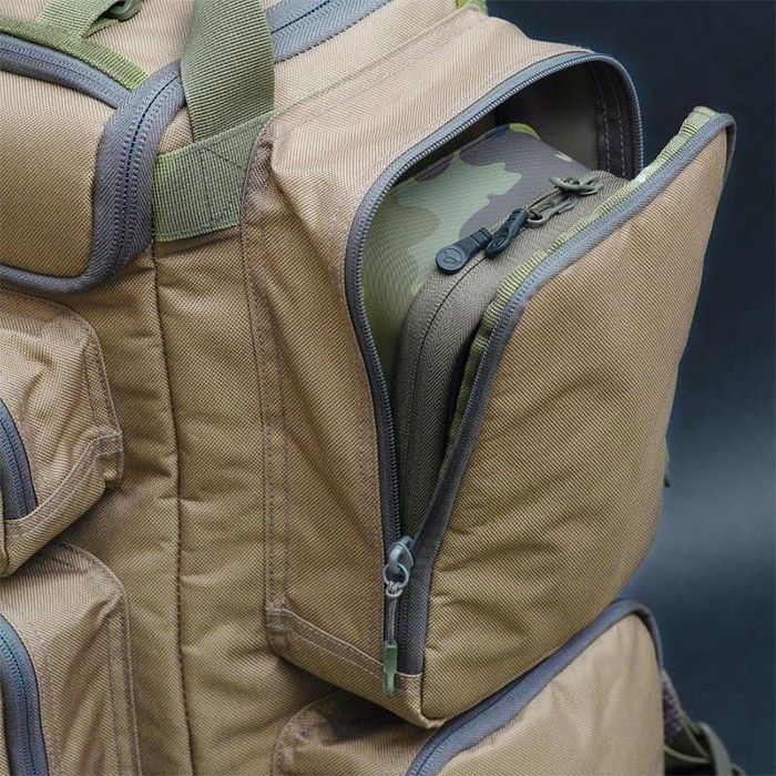 Korda Compac Fishing Rucksack Pockets In Use 1