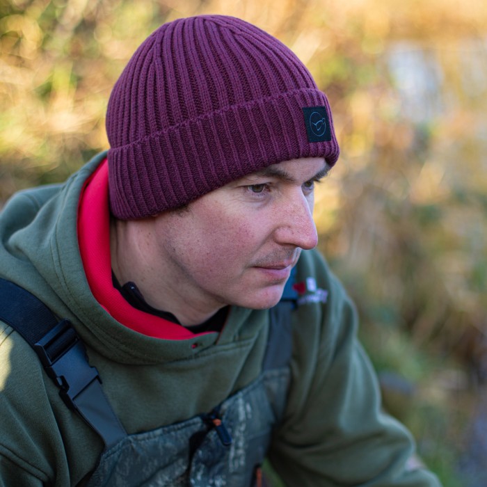 Korda LE Fishermen Beanie Fishing Hats Burgundy In Use 1