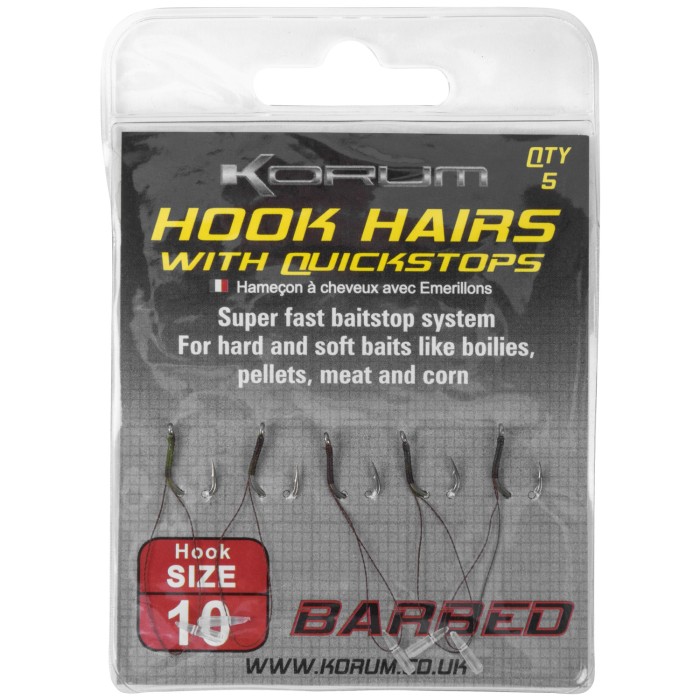 Korum Barbed Fishing Hook Hairs with Quickstops Size 10