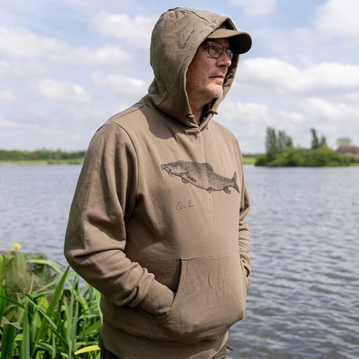 Korum Classic Barbel Hoodie Close Up In Use